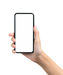Hand holding the black smartphone with blank screen on background.