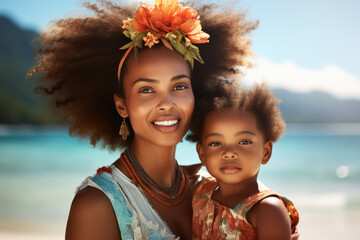 Woman is seen holding child on beautiful beach. This image can be used to depict mother spending quality time with her child on sunny day at beach.