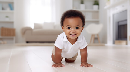 Fototapeta premium happy african american baby crawling on floor in living room at home