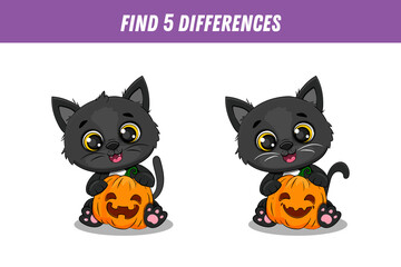 Find five differences between two pictures of cute black cat. Cute kitten and pumpkin. Halloween card. Activity page.