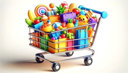 Vibrant shopping cart filled with colorful 3D cartoon goods in paper bags, set against a pure white background