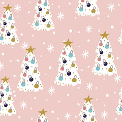 seamless christmas pattern with Christmas tree,star,snowflake, Christmas tree decorations, snow on pink background 