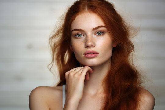 Woman with long red hair is posing for picture. This image can be used for various purposes such as fashion, beauty, or lifestyle content.