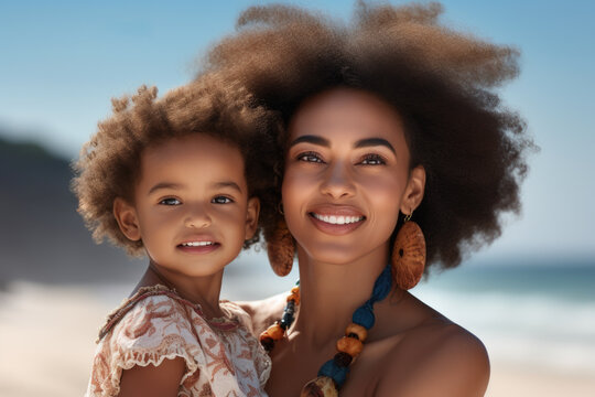 Woman holding child on beach. This image can be used to depict bond between mother and child or joy of spending time at beach with family.