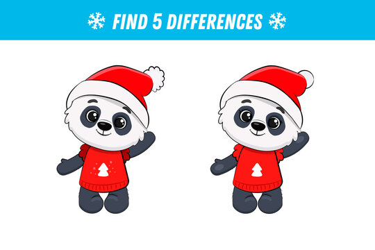 Find five differences between two pictures of cute panda. Cute panda bear. Activity page. Christmas game. 