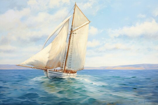 Illustration painting of a sailboat on canvas against a sea background. Generative AI