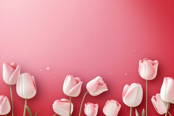 Group of white tulips arranged on vibrant red background. This image can be used for various purposes, such as floral designs, spring themes, or as symbol of purity and beauty.