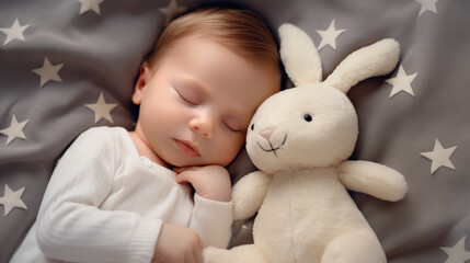 Cute little baby sleeping with toy bunny on bed, top view