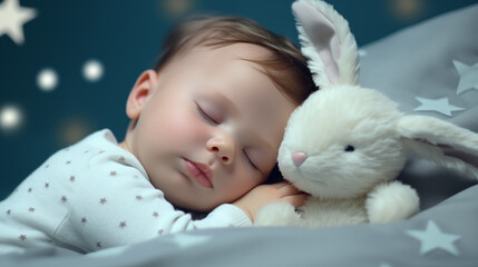 Cute little baby sleeping in bed with toy bunny.