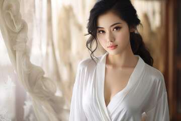 Fototapeta premium Woman dressed in white robe standing next to window. This image can be used to depict relaxation, solitude, or morning routines.
