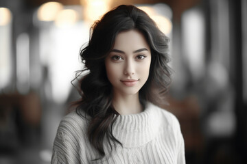 Obraz premium Woman with long black hair wearing sweater. This versatile image can be used for various purposes.