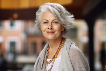 Woman with gray hair wearing necklace. This image can be used to depict elegance, fashion, or aging gracefully.