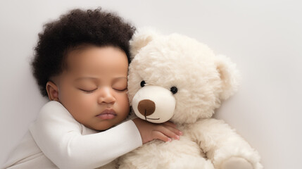 
Little African American baby sleeping with teddy bear