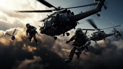 Elite soldiers jumping out of a helicopter created with Generative AI
