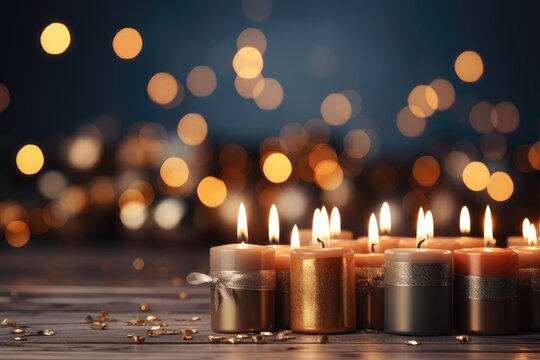 A Christmas-themed background image illuminated by many candlelights, providing room for customization, creating a warm and inviting atmosphere. Photorealistic illustration