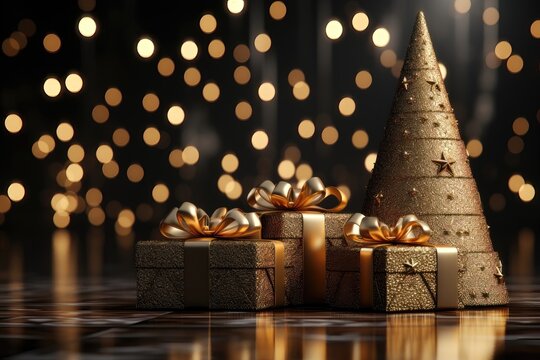 A Christmas-themed background image featuring gold-colored wrapped presents, with plenty of space for customization, providing a canvas for your creative content. Photorealistic illustration