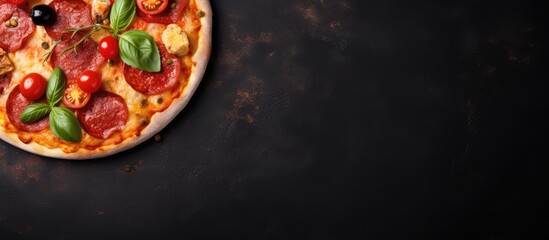Yummy pizza on a solid surface seen from above