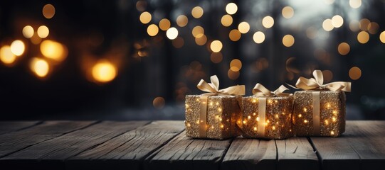 A wide-format Christmas-themed background image showcasing presents with gold ribbons, providing ample space for customization to create a festive atmosphere. Photorealistic illustration