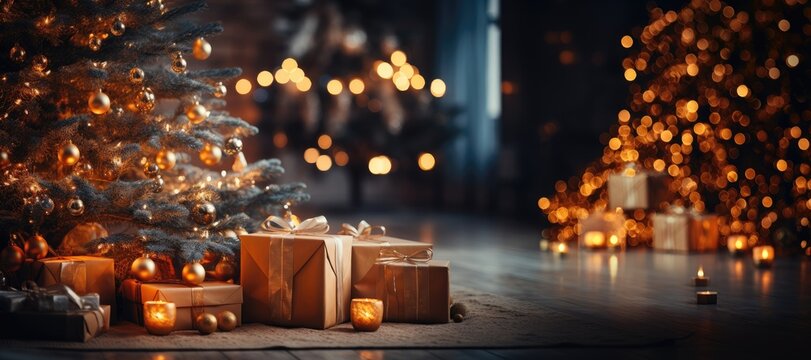 A wide-format Christmas-themed background image with presents under a Christmas tree, providing room for customization, allowing you to create a festive atmosphere. Photorealistic illustration