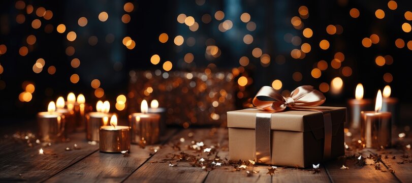 A wide-format Christmas-themed background image with a present and candles, offering space for customization to create a festive and cozy atmosphere. Photorealistic illustration