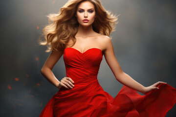 Woman wearing vibrant red dress striking pose for photo. Perfect for fashion or lifestyle blogs and magazines.