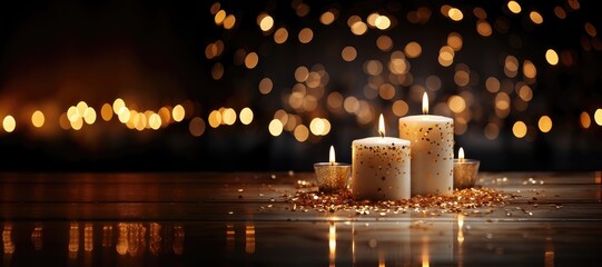 A wide-format Christmas-themed background image with candles, providing space for personalization to create a cozy and festive atmosphere. Photorealistic illustration