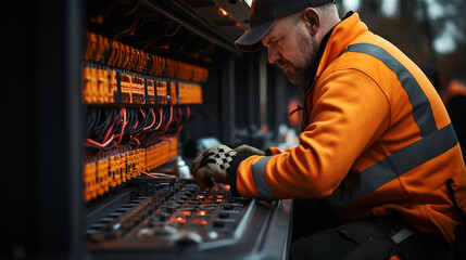Electricity and electrical maintenance service, Engineer hand holding AC voltmeter checking electric current voltage.