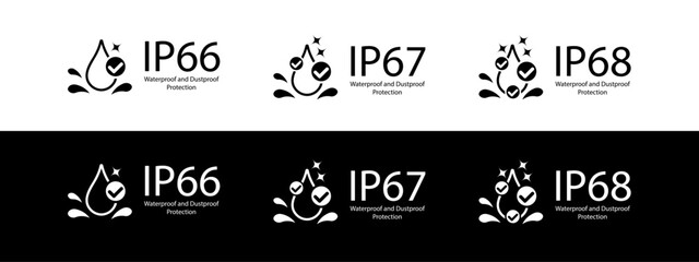 IP66, IP67 and IP68 Waterproof rating, water protective capability. Water and dust protection, water resistance level icon and symbol. Vector.