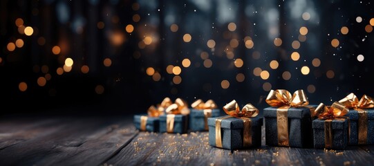 A wide-format Christmas-themed background image showcasing presents with gold ribbons, offering ample space for customization to create a festive atmosphere. Photorealistic illustration