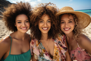 Fototapeta premium Three women sitting together on beach, enjoying sun and sea. This picture can be used to depict friendship, vacation, relaxation, or girls' day out.