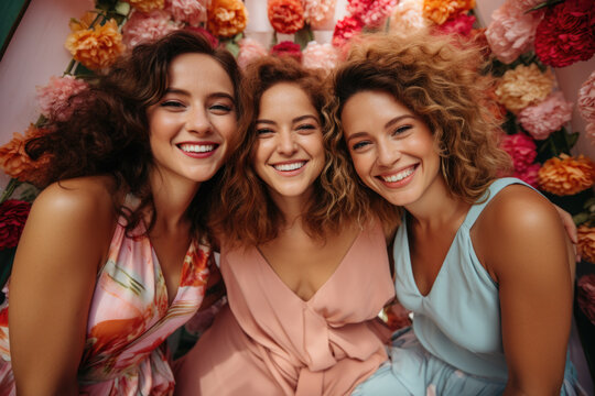 Three women posing for picture in front of beautiful flowers. Suitable for social media posts, gardening blogs, and fashion websites.