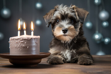 Small dog sitting in front of birthday cake. Perfect for pet lovers and birthday celebrations.