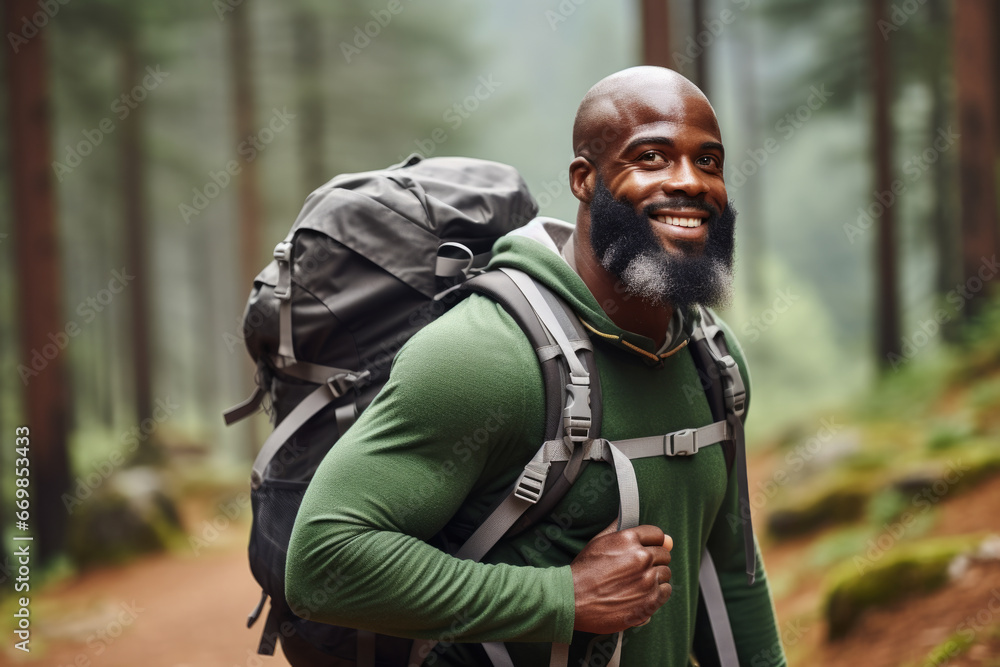 Poster man with beard is seen walking on trail, carrying backpack. this image can be used to represent outd