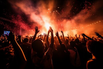 A crowd of people at a concert with their hands in the air - obrazy, fototapety, plakaty