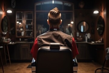 Back view male client sitting in barbershop chair with fresh haircut in front of mirror - obrazy, fototapety, plakaty