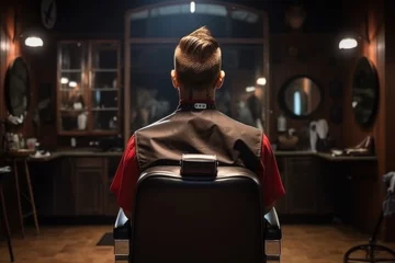 Fototapeten Back view male client sitting in barbershop chair with fresh haircut in front of mirror © Дмитрий Баронин