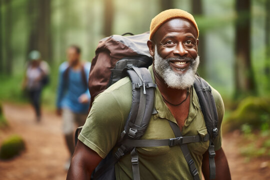 Picture of man with beard carrying backpack. This image can be used to depict adventure, travel, hiking, or outdoor activities.