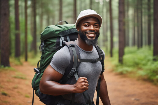 Man with backpack smiles as he walks through woods. This image can be used to depict outdoor activities, hiking, nature exploration, or leisurely walks in forest.
