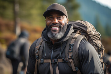 Obraz premium Man with beard is pictured wearing backpack. This image can be used to illustrate adventure, travel, or outdoor activities.
