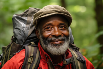 Obraz premium Man with beard wearing hat and carrying backpack. This image can be used to depict traveler, hiker, or adventurer.