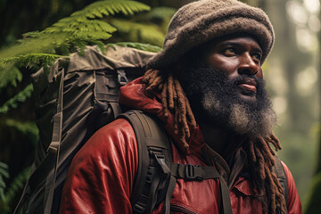 Man with dreadlocks wearing backpack is seen in peaceful woods. This image can be used to depict nature exploration, hiking, or outdoor adventures. - Powered by Adobe
