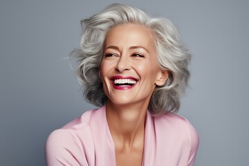 Beautiful gorgeous 50s mid age beautiful elderly senior model woman with grey hair laughing and smiling. Mature old lady close up portrait. Healthy face skin care beauty - obrazy, fototapety, plakaty