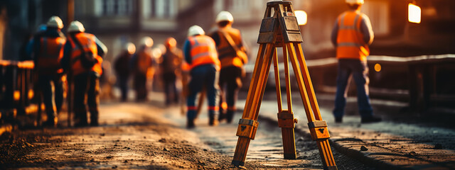survey engineer in construction site use theodolite mark a concrete pile co ordinate - obrazy, fototapety, plakaty