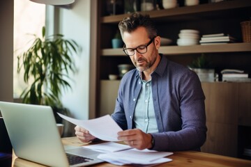 Obraz premium Smiling elegant businessman holding documents and looking at camera while working from home. Freelancer working from home sitting at desk with laptop. Self employed business person working from home.