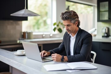 Smiling elegant businessman holding documents and looking at camera while working from home. Freelancer working from home sitting at desk with laptop. Self employed business person working from home.
