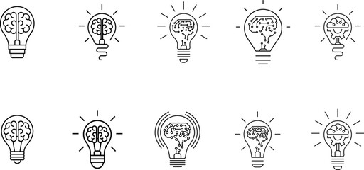 Fototapeta na wymiar Innovation icon set. Light bulb with cog or brain inside. Inspiration icon, idea, innovation sign, symbol or logo. Vector illustration