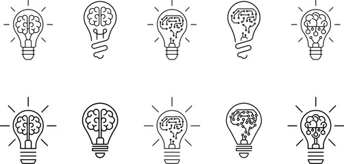 Innovation icon set. Light bulb with cog or brain inside. Inspiration icon, idea, innovation sign, symbol or logo. Vector illustration