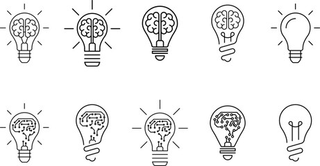 Innovation icon set. Light bulb with cog or brain inside. Inspiration icon, idea, innovation sign, symbol or logo. Vector illustration