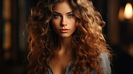 Beauty girl with long and shiny wavy hair, coloring and toning, shatush and balayash. Beautiful woman model with curly hairstyle. Model illustration. Generative AI
