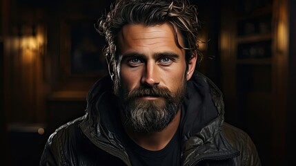 Close-up face of young bearded man on dark background. Man face portrait illustration. Generative AI - obrazy, fototapety, plakaty